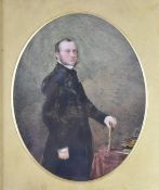 19thC watercolour portrait of Viscount Edward II of Exmouth (1811-1896), maximum diameter 16cm, in