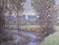 Oliver Warman RBA ROI (1932-2019) oil on board river landscape with cattle grazing, signed verso, 33