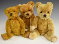 Three Chad Valley or similar Teddy bears each with growler, golden mohair, disc joints, straw or