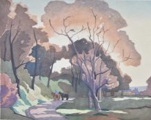 Eric Slater (1896-1963) woodcut 'The Avenue' tree lined lane with cottages in landscape beyond,