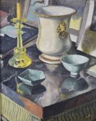 Margaret Graeme Niven (1906-1997) oil on canvas still life vase, candlestick and bowls on a table,