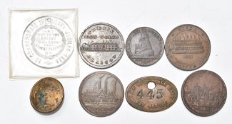 Five copper tokens comprising 1813 Phoenix Iron-Works Glasgow, Thames and Severn Canal 1745, Bradley