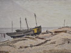 William Warden RBA (1908-1982) oil on board boats on the beach, possibly south coast of England,