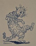 Pen and ink cartoon of a cat bearing signature Louis Wain lower left, 13 x 10cm