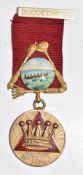 A 9ct gold Masonic Accra Chapter No 3063 jewel or medal with enamel decoration, weight 36g all in