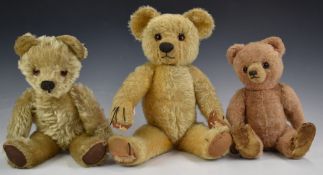 Three Chad Valley, Merrythought or similar Teddy bears one with pink mohair, shaved snout, disc