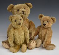 Three Chad Valley or similar Teddy bears all with blonde mohair, disc joints, felt pads and stitched