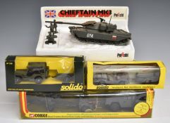Four Corgi, Polistil and Solido diecast model military vehicles Chieftain Tank Mk3 102, Quad Tractor