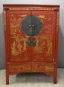 Chinese cupboard or wardrobe with lacquer decoration, W111 x D65 x H173cm
