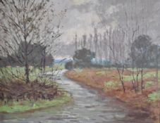 Oliver Warman RBA ROI (1932-2019) oil on board river landscape with cattle grazing, signed and