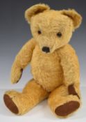 Merrythought Teddy bear with squeaker, golden mohair, soft filling, disc joints, felt pads and