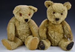 Two Chad Valley, Merrythought or similar Teddy bears one with golden mohair, leather pads, disc