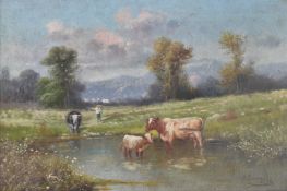 M. Zampella oil on canvas extensive landscape with cattle in a pond with farmer beyond, signed lower