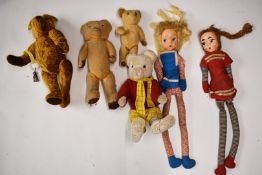 Six Teddy bears and dolls comprising Gormar bear with golden mohair, Merrythought Rupert limited