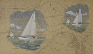 Colin Baxter watercolour of sailing yachts on a shipping chart of Cowes, Isle of Wight, 23 x 39cm