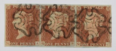 GB 1841 1d orange-brown strip of three, four margins with three neat Maltese Crosses