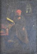 18th/19thC oil on panel man reading by a fire, 26 x 15cm, in gilt frame