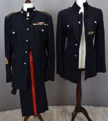 Two British Army No1 dress blues jackets, one with WO 1 rank insignia to sleeve / cuff, WW2 medal