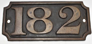 Cast iron 182 railway or canal number plate, possibly a bridge number, 18 x 39cm
