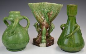 Farnham Art Pottery two vases / guglets with wrythen handles and a jardinière, possibly Farnham,