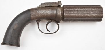 Unnamed 9mm six-shot pinfire bar hammer action pepperbox revolver with engraved hammer, chequered