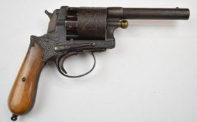 Belgian 11mm six-shot double action centre fire revolver with engraved cylinder, engraved frame