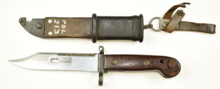 Polish AKM bayonet with 14.5cm serrated blade, rubber covered scabbard numbered 5998 and frog.