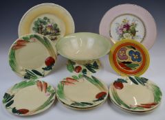 Clarice Cliff for Newport Pottery Bizarre, Fantasque plate together with a pedestal salad bowl