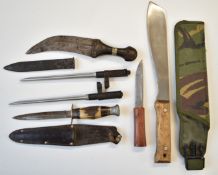 Six bladed weapons / knives including two Chinese bayonets, hunting knife with leather sheath,