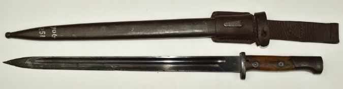 Yugoslavian 1924 pattern Mauser bayonet stamped 33562 to crossguard and AT3 to ricasso, with 38.