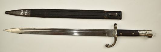 Belgian export bayonet stamped 4523 to cross guard, with 38.5cm fullered blade, scabbard and stud