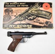 Hy-Score .22 target air pistol with engraved frame, named, shaped and chequered Bakelite grips and
