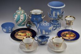 Wedgwood Jasperware campagna urn, teapot etc, hand painted fruit plates, lustreware, Royal Crown