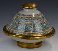 19thC Hispano Moresque metal bound pottery covered dish, height 30 x diameter 37cm
