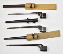 Three British no 4 mark II spike bayonets with 20cm blades and scabbards, two with frogs together