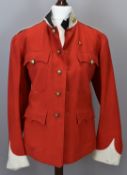 British Army officer's scarlet serge jacket with gilt collar badges, associated buttons and Queen'