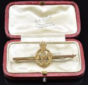 Royal Electrical & Mechanical Engineers (REME) 9ct gold sweetheart brooch / tie pin, with box, 4.6g