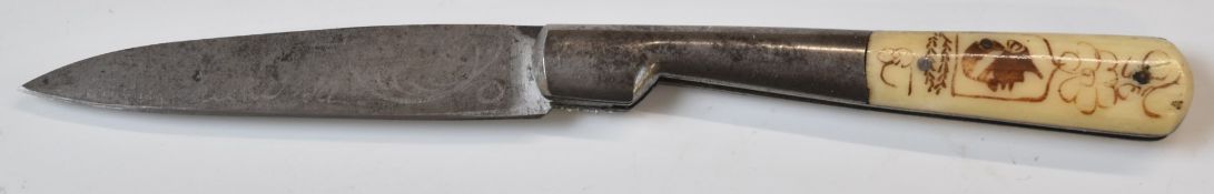 Corsican Vendetta folding knife with decorated 9cm blade and grip. PLEASE NOTE ALL BLADED ITEMS