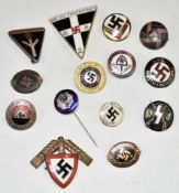 Fourteen German Third Reich Nazi Party enamel lapel badges including Women's Worker and Hitler Youth
