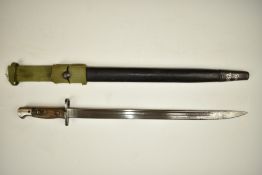 Australian 1907 pattern bayonet with some clear stamps, 43cm fullered blade, scabbard and frog.