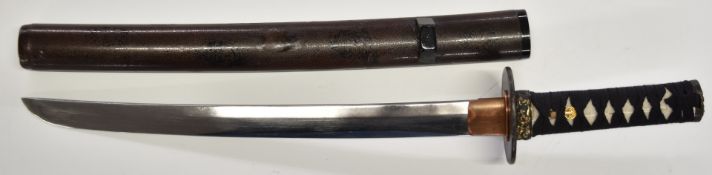 Japanese Wakisashi Samurai sword, unsigned, with rope twist to grip, 35cm blade and scabbard. PLEASE