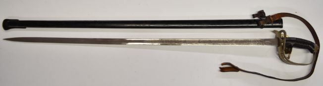 German 1889 pattern sword with Imperial cipher to folding guard, 89cm decorated blade inscribed Ulan