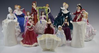 Collection of Royal Doulton / Worcester figurines and jugs and a Belleek dish, tallest 20cm