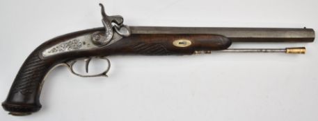 Belgian percussion hammer action target pistol with engraved lock, hammer, trigger guard and mounts,