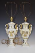Pair of Limoges porcelain twin handled table lamps with gilt eagle decoration and N for Napoleon,