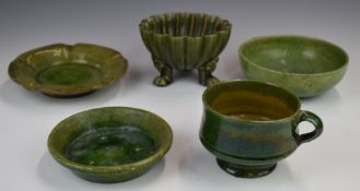 Farnham Art Pottery three dishes, soup bowl and another footed bowl, possibly Farnham, tallest 10cm