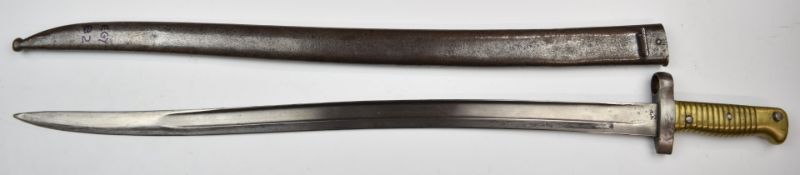 Egyptian 1870 pattern bayonet with brass grips, 57.5cm fullered yataghan blade and scabbard.