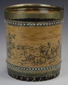 Hannah Barlow for Royal Doulton biscuit barrel sgrafitto decorated with standing and recumbent deer,