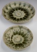 Two Barbara Cass / Arden Pottery (1921-1992) studio pottery stoneware pedestal dishes with green