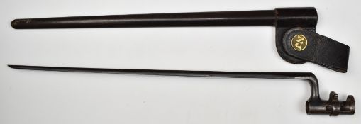 American 1873 pattern socket bayonet stamped US to ricasso, with 46cm blade, scabbard and NJ to belt